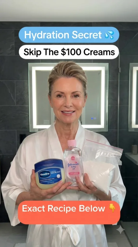 A smiling woman in a white robe holds up Vaseline Johnson s Baby Oil and a bag of white powder with text Hydration Secre