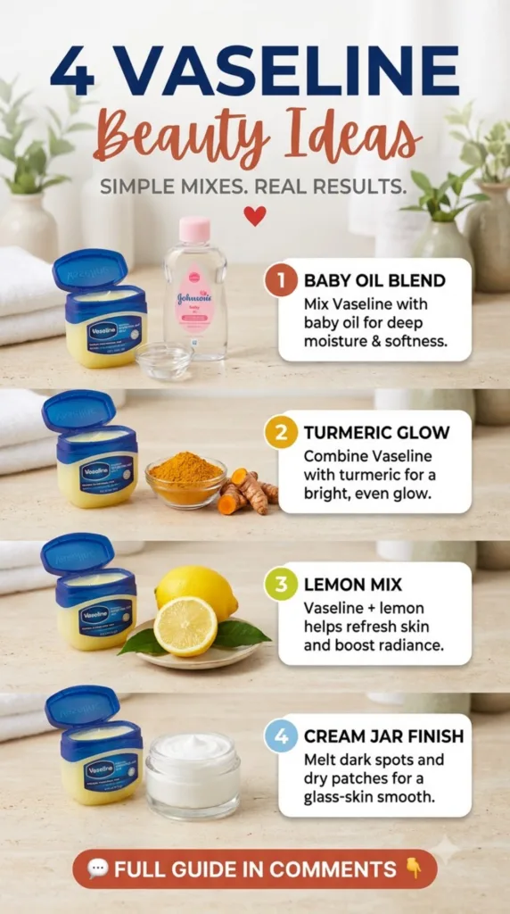 A vertical collage showcasing four distinct DIY beauty hacks using Vaseline The top section features Vaseline and baby o