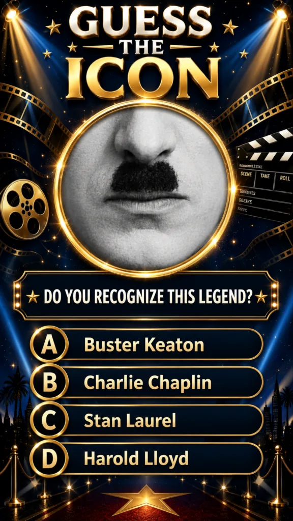 A trivia game screen titled Guess the Icon showing a black and white close-up of Charlie Chaplin s iconic mustache and m
