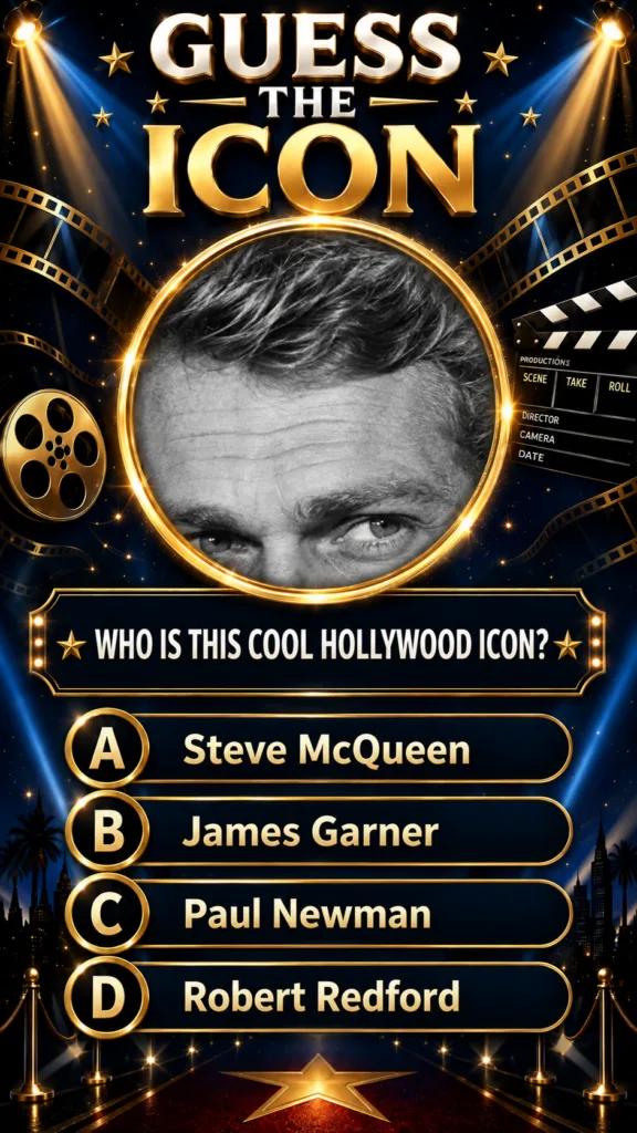 A Hollywood-themed quiz graphic with the title GUESS THE ICON featuring a black-and-white close-up of Steve McQueen s ey