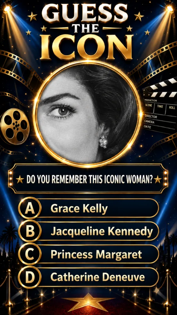 A Guess the Icon quiz poster featuring a black-and-white close-up of a woman s eye and part of her face framed in gold w