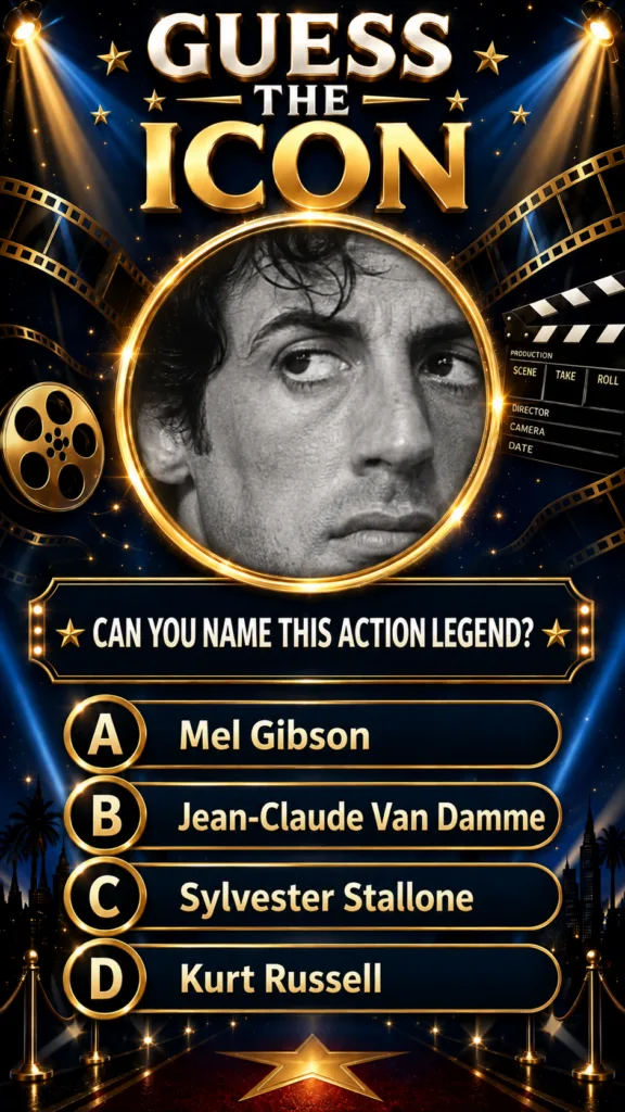 A vertical Guess the Icon quiz graphic featuring a black and white portrait of a young Sylvester Stallone in a golden ci