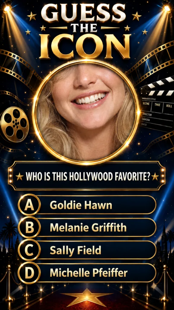 A vibrant Hollywood-themed quiz poster titled GUESS THE ICON featuring a close-up of a smiling woman s face framed in go
