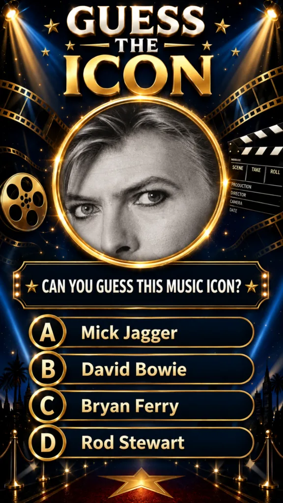 Close-up portrait of David Bowie framed in gold set against a dark star-filled theatrical blue background with golden sp