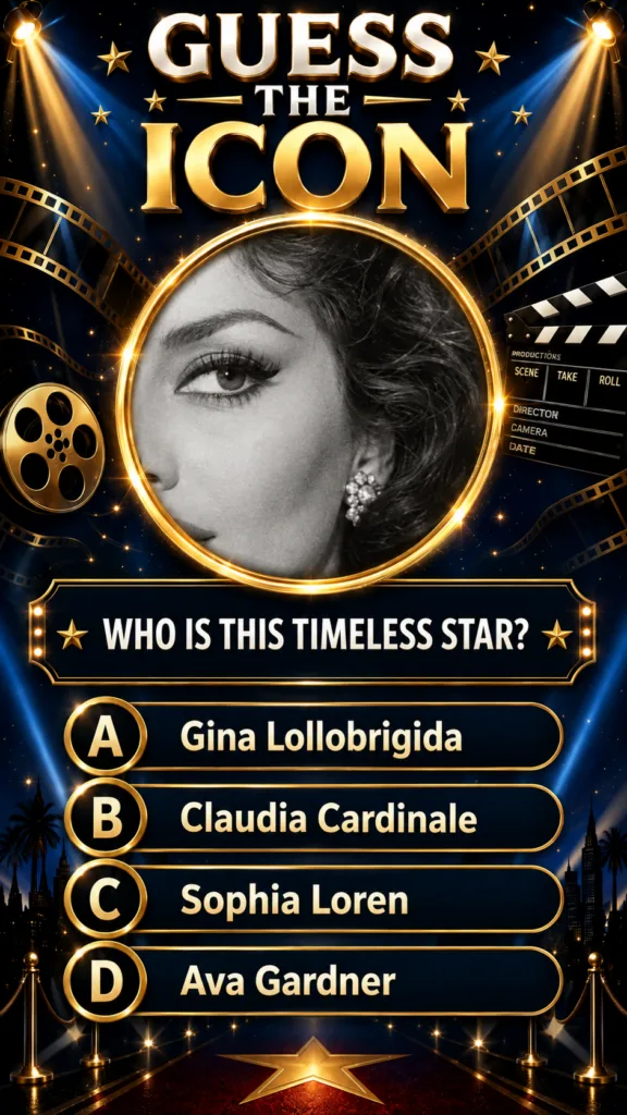 A vertical quiz poster titled GUESS THE ICON featuring a black and white portrait of a classic Hollywood-era actress in 
