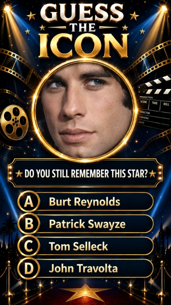 A Guess the Icon quiz poster featuring a central circular portrait of a young John Travolta surrounded by Hollywood elem