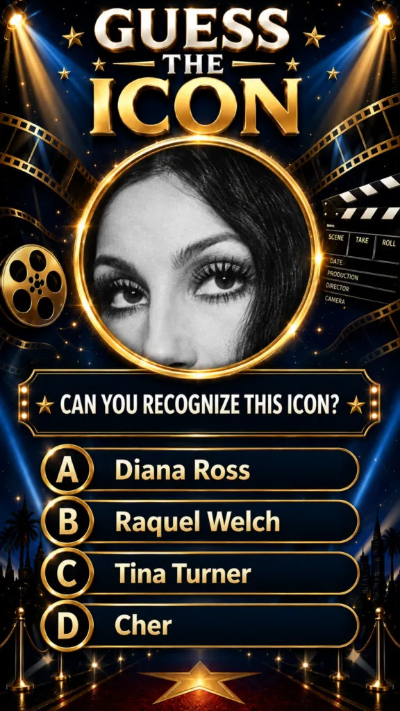 A Guess the Icon quiz in a glamorous cinematic style with a black-and-white close-up of a woman s eyes and forehead fram