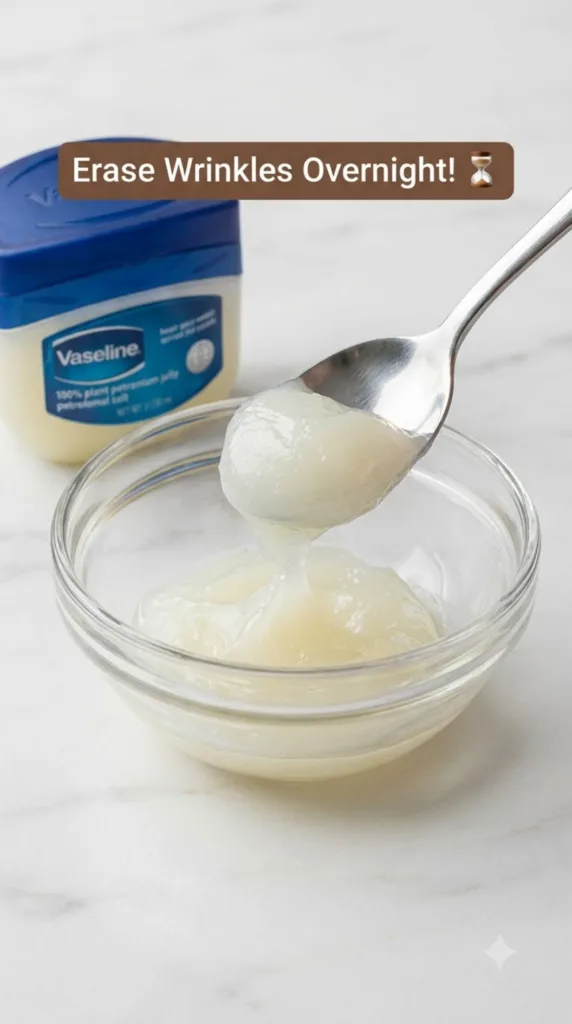 A clear glass bowl containing translucent petroleum jelly with a silver spoon scooping it A blue-lidded jar of Vaseline 