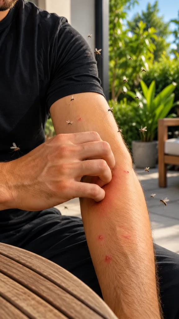 A person s arm heavily covered in red swollen mosquito bites with a hand scratching an inflamed area Numerous mosquitoes