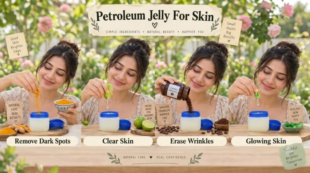 A 2x2 grid collage showcasing four different DIY beauty hacks using Vaseline Vaseline with turmeric for dark spots Vasel
