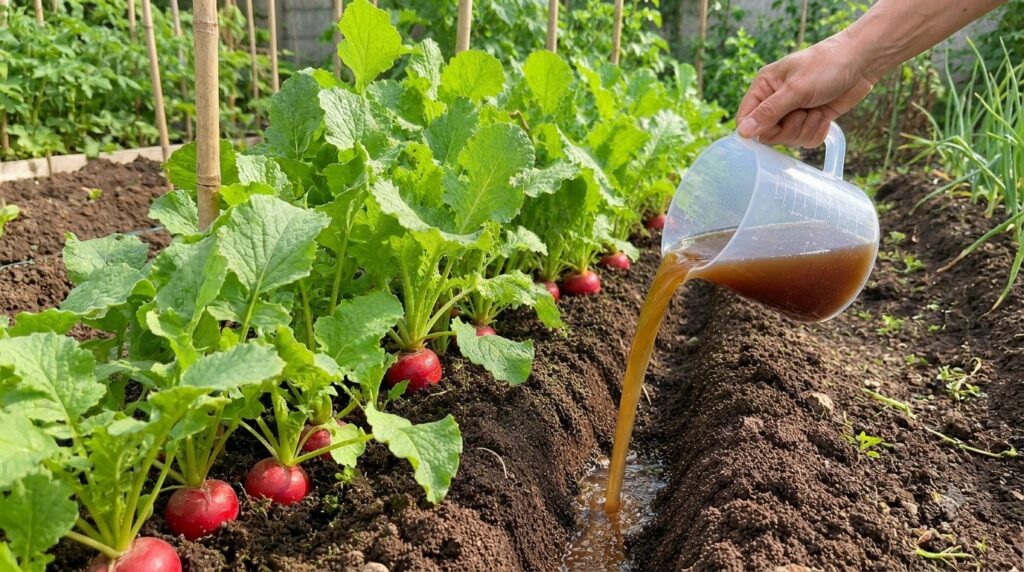 A hand pouring dark nutrient-rich liquid worm tea from a clear measuring cup into the soil at the base of vibrant green 