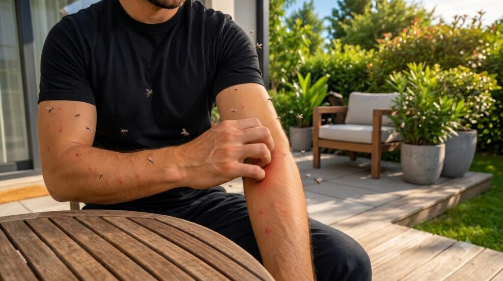 A man s arm covered in red inflamed mosquito bites with his hand scratching one particularly irritated area Several mosq