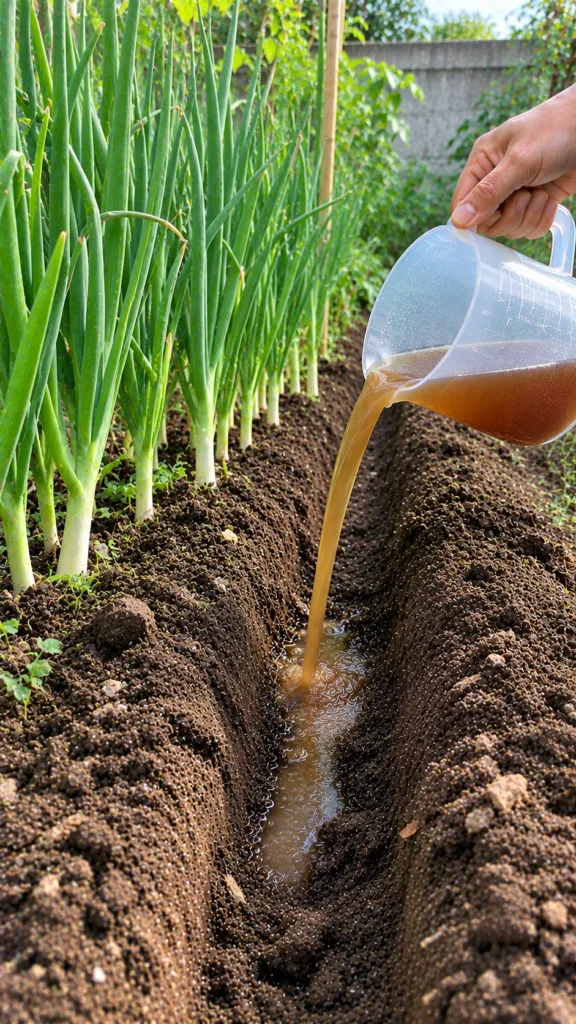 A hand pouring a brown liquid from a measuring jug into a trench beside a row of vibrant green spring onions in a garden