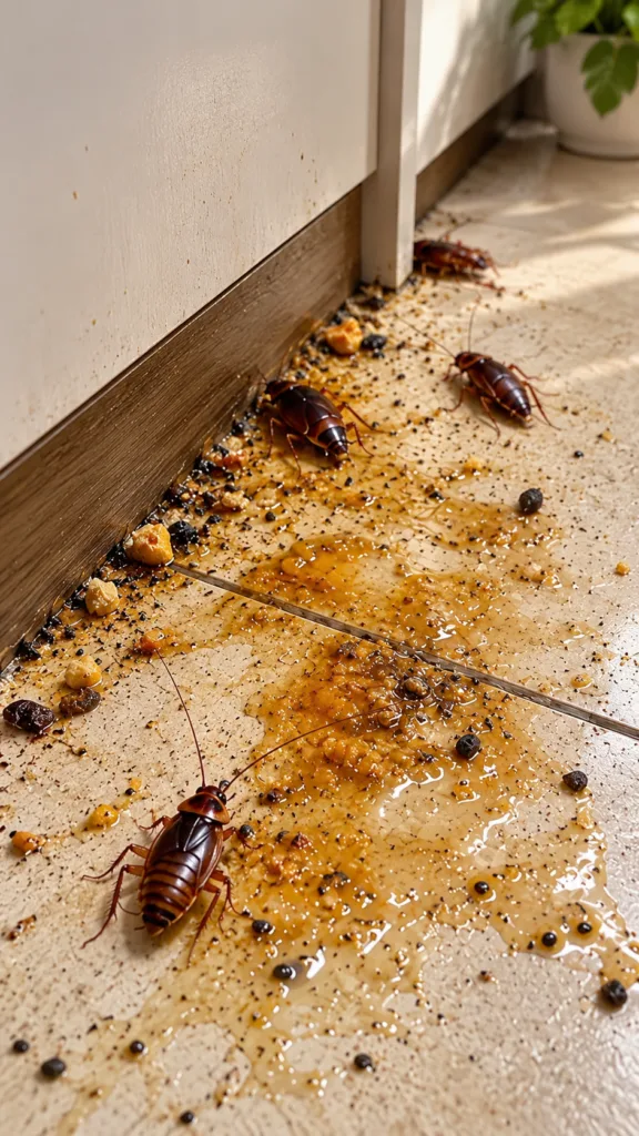 A close-up low-angle view of a heavily soiled tiled floor next to a cabinet baseboard with spilled sticky liquid food cr