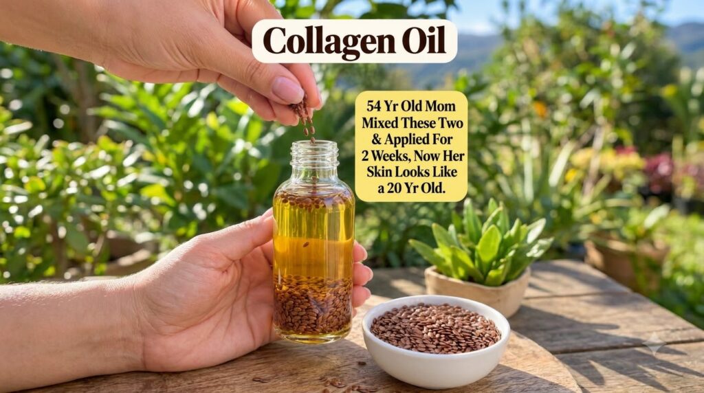 Hands pouring flaxseeds into a bottle of oil with a bowl of flaxseeds nearby in a soft natural green background