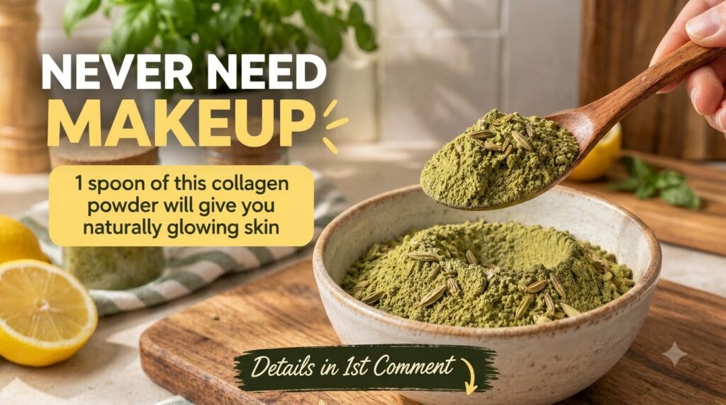 A wooden spoon heaped with green powder and fennel seeds over a ceramic bowl containing the same mixture with naturally 