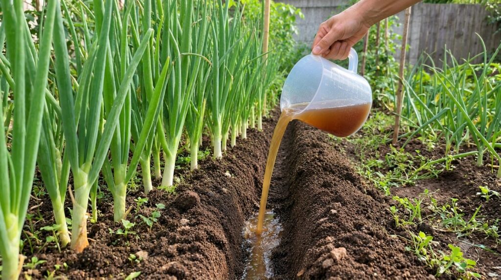A close-up low-angle shot of a hand pouring a brown liquid from a measuring cup into a soil furrow A neat row of vibrant