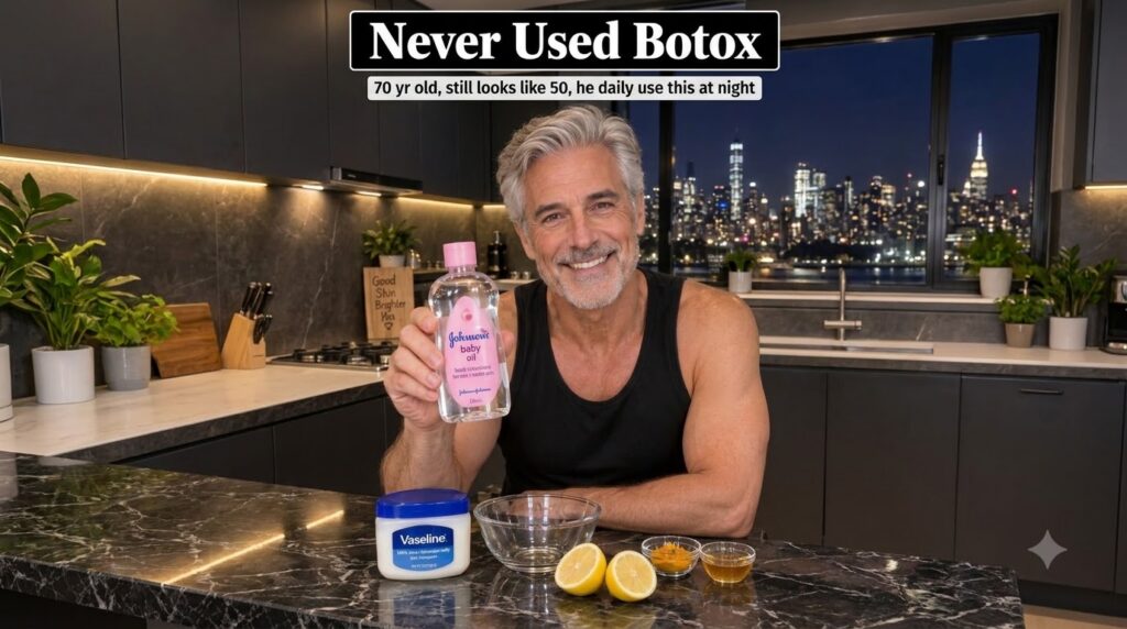 A youthful-looking man appearing much younger than his stated age smiles while holding up a bottle of baby oil On a dark