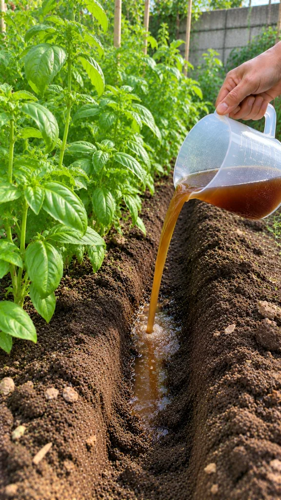 A hand pouring dark liquid from a measuring cup into garden soil next to green plants