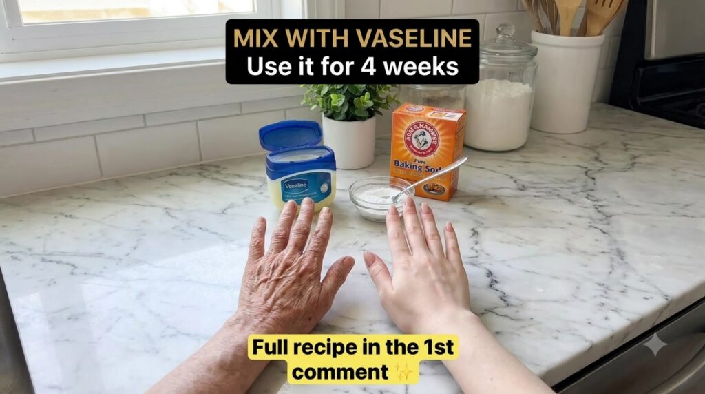 A top-down view of a marble countertop with two hands one visibly aged and one youthful side-by-side In the background a