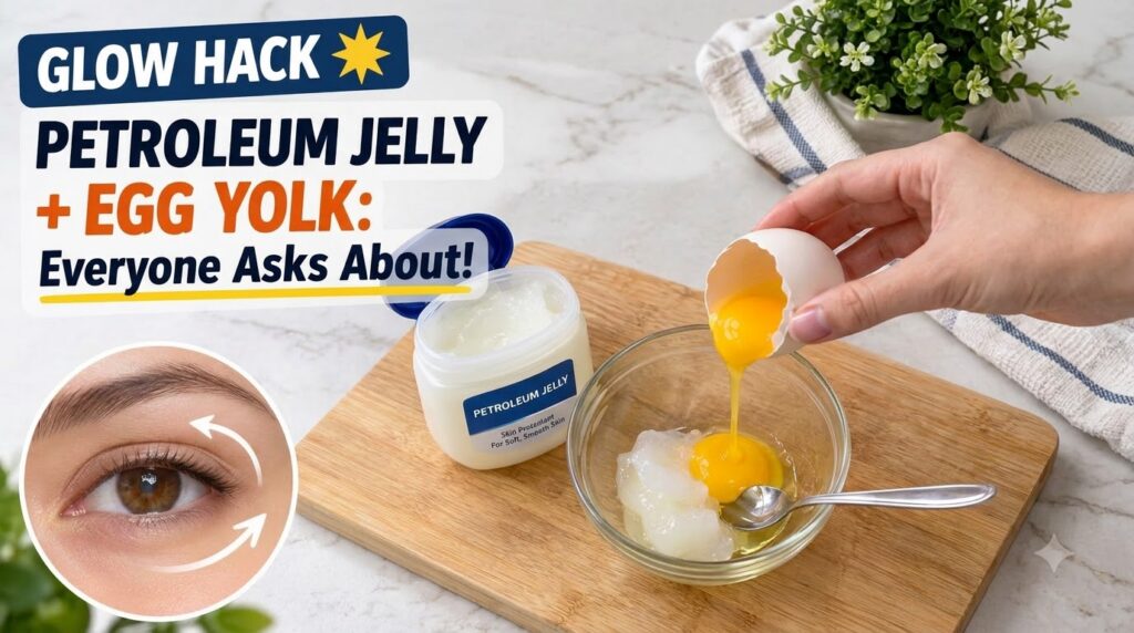 A hand cracking an egg letting the yolk fall into a clear glass bowl containing petroleum jelly on a light wooden cuttin