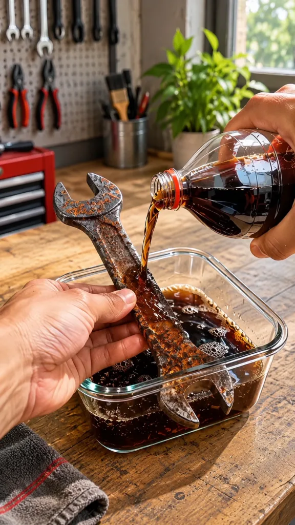 Una persona vertiendo refresco de cola sobre una llave inglesa muy oxidada dentro de un recipiente de vidrio mostrando e