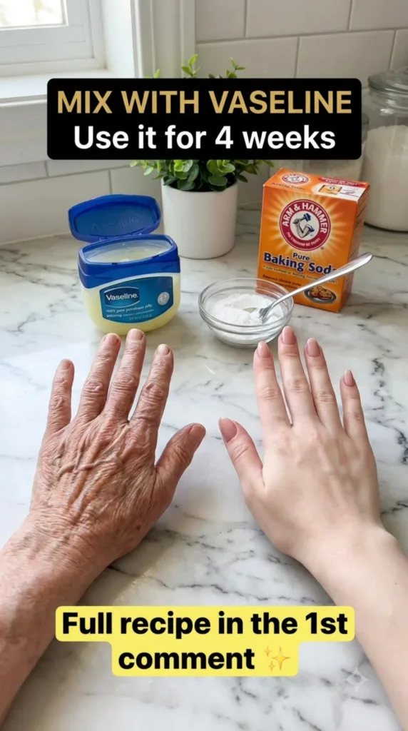 Two hands one visibly aged and the other youthful placed side-by-side on a white marble countertop with Vaseline and bak