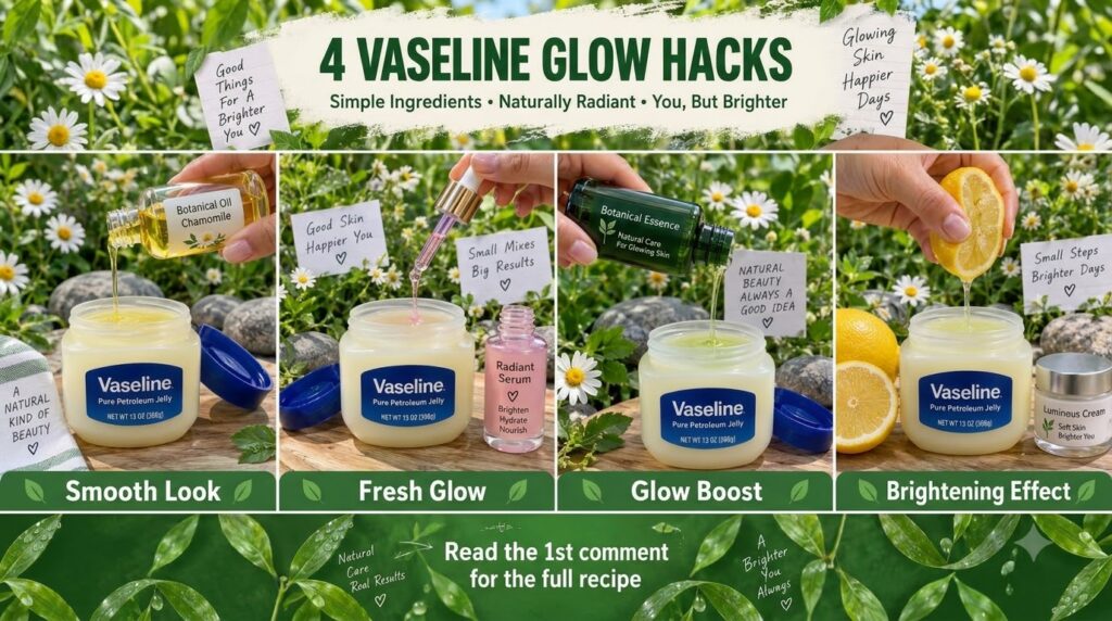 A collage-style image showing four different DIY beauty hacks using Vaseline and natural ingredients with green foliage 
