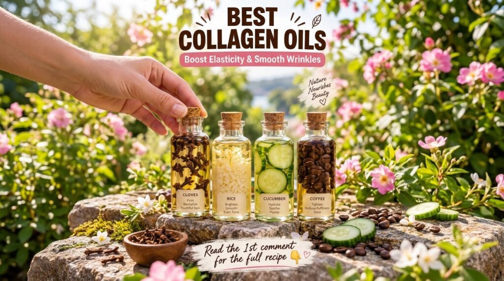 Four small bottles of Johnson s Baby Oil each infused with natural ingredients cloves rice cucumber slices and coffee be