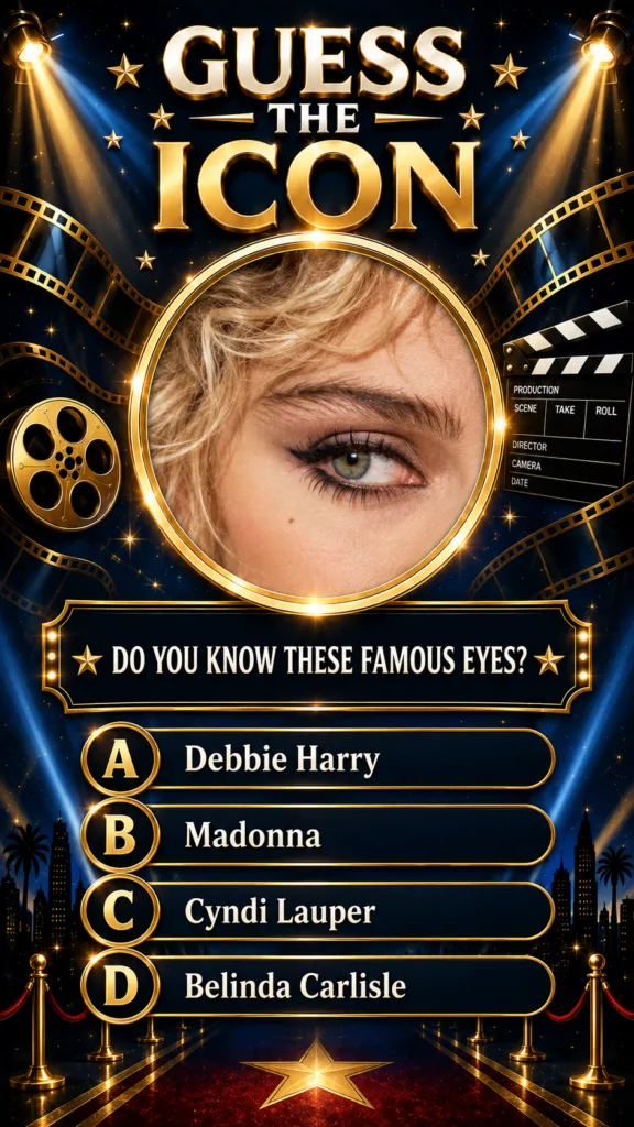 A quiz poster titled GUESS THE ICON featuring a close-up of a woman s green eye framed by blonde hair set within a golde
