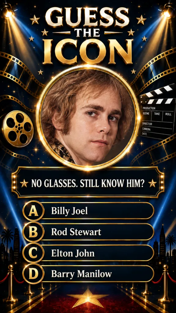A vertical quiz poster titled GUESS THE ICON featuring a headshot of a young Elton John without his glasses framed in go