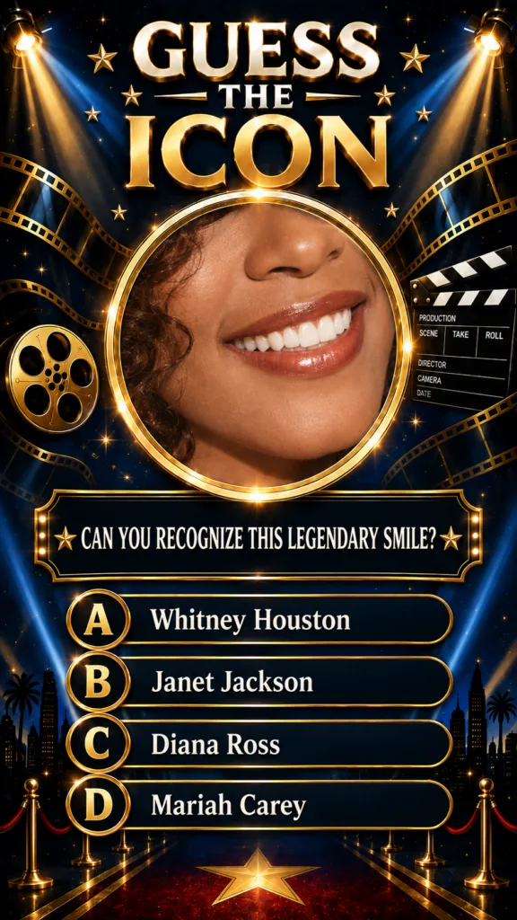 A close-up of a smiling woman s mouth and nose cropped within a golden circular frame against a glamorous dark blue back