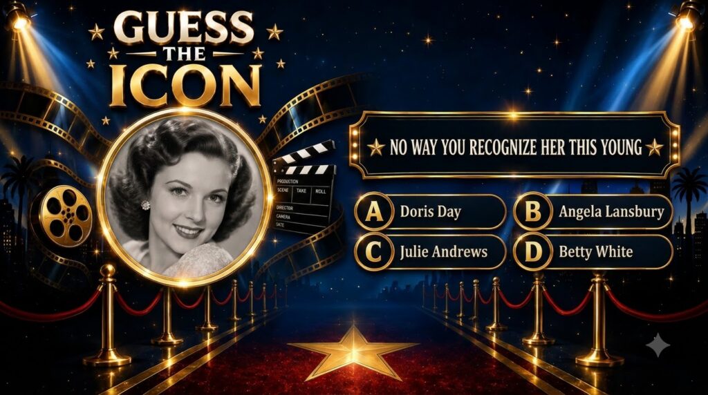 A vertical Guess the Icon quiz poster with a central black and white portrait of a smiling young woman Angela Lansbury T