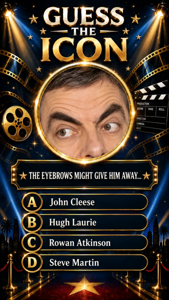 A quiz poster titled GUESS THE ICON showing a close-up of Rowan Atkinson s eyes and eyebrows in a golden oval frame with