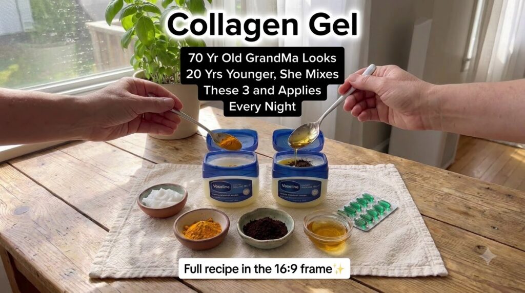 Flat lay of ingredients for homemade beauty recipe open tubs of Vaseline bowls of turmeric powder coffee grounds white c