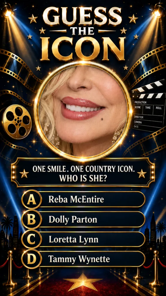 A close-up of a smiling blonde woman s mouth nose and chin within a golden circular frame on a glamorous Hollywood-theme