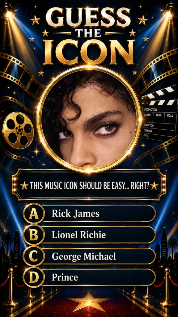 A Guess the Icon quiz poster showing a close-up of a person s eyes nose and forehead framed in a golden circle against a