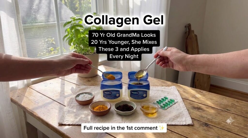 Close-up of ingredients for a homemade collagen-boosting gel including open tubs of Vaseline turmeric powder coffee grou