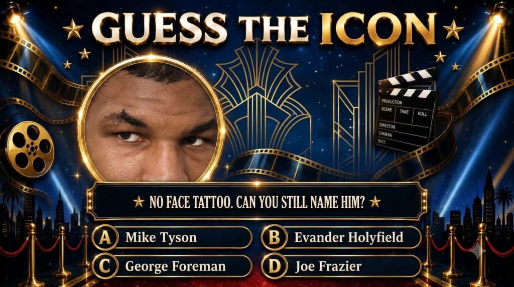 A quiz-show style graphic challenging viewers to Guess The Icon The central image is a close-up cropped portrait of a yo