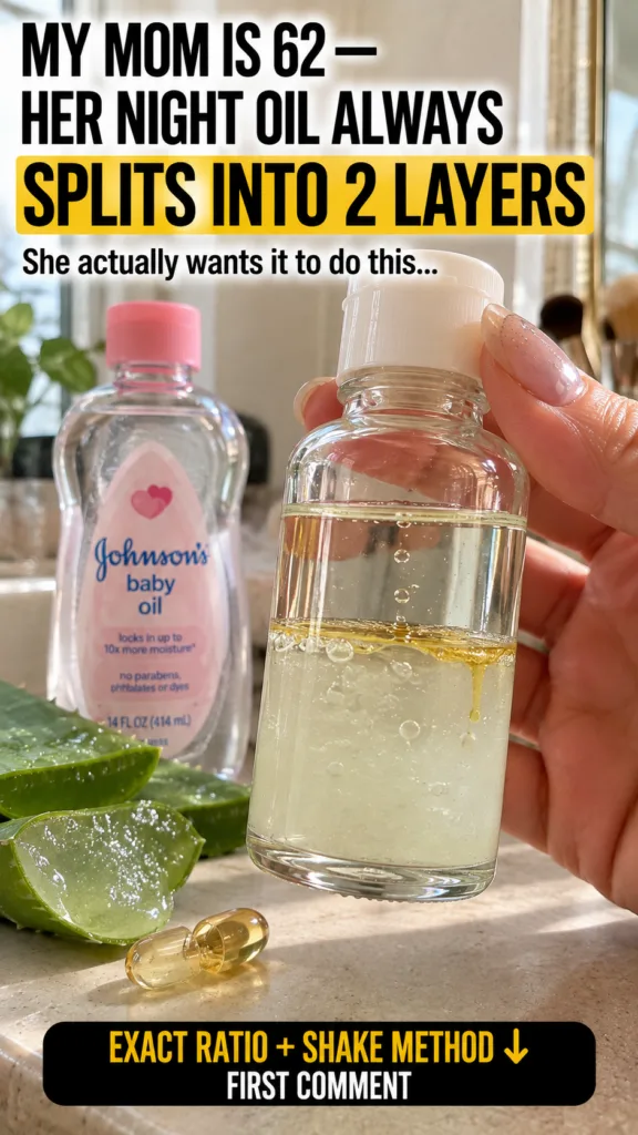 A small clear bottle with two distinct liquid layers a golden oil on top and a lighter opaque liquid below held by a han