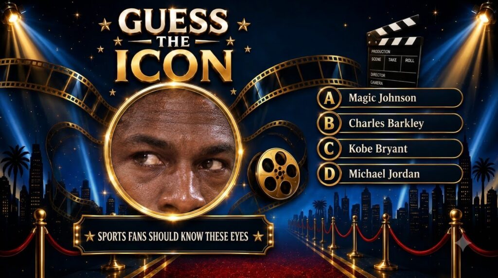 A vertical quiz poster titled GUESS THE ICON featuring a close-up of an athlete s eyes and forehead showing sweat The co