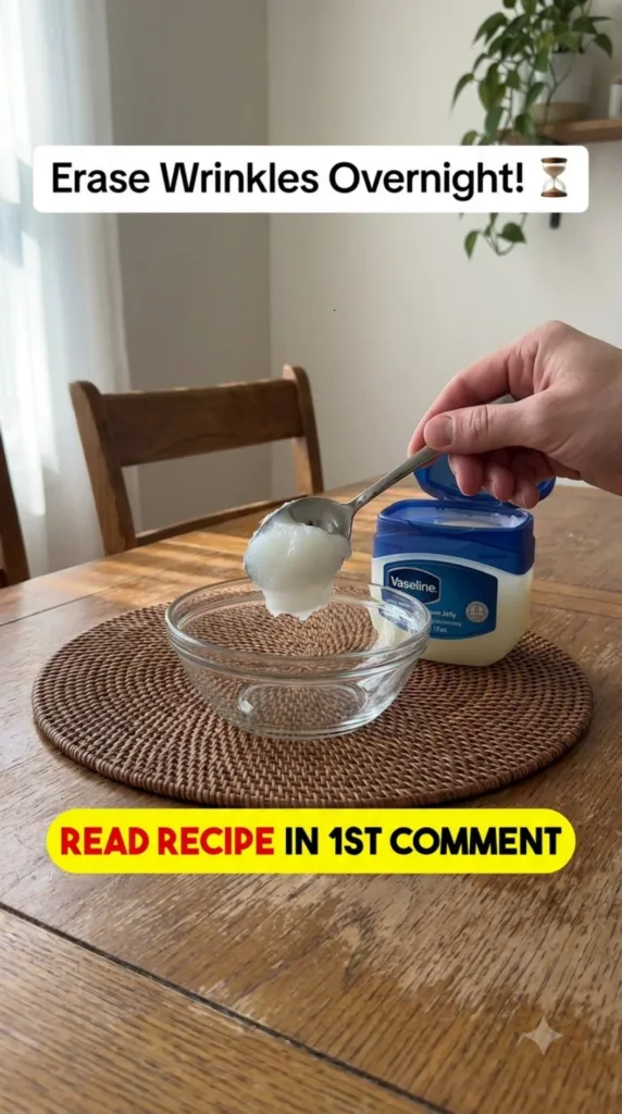 A hand holding a spoon with a white creamy substance over an empty clear glass bowl next to an open jar of Vaseline petr