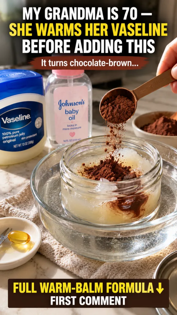 Overhead shot of cocoa powder being poured into melted Vaseline in a glass bowl set in a water bath with baby oil a vita