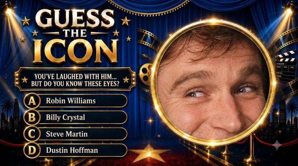 A quiz poster titled GUESS THE ICON featuring a close-up of Robin Williams smiling eyes within a circular golden frame T