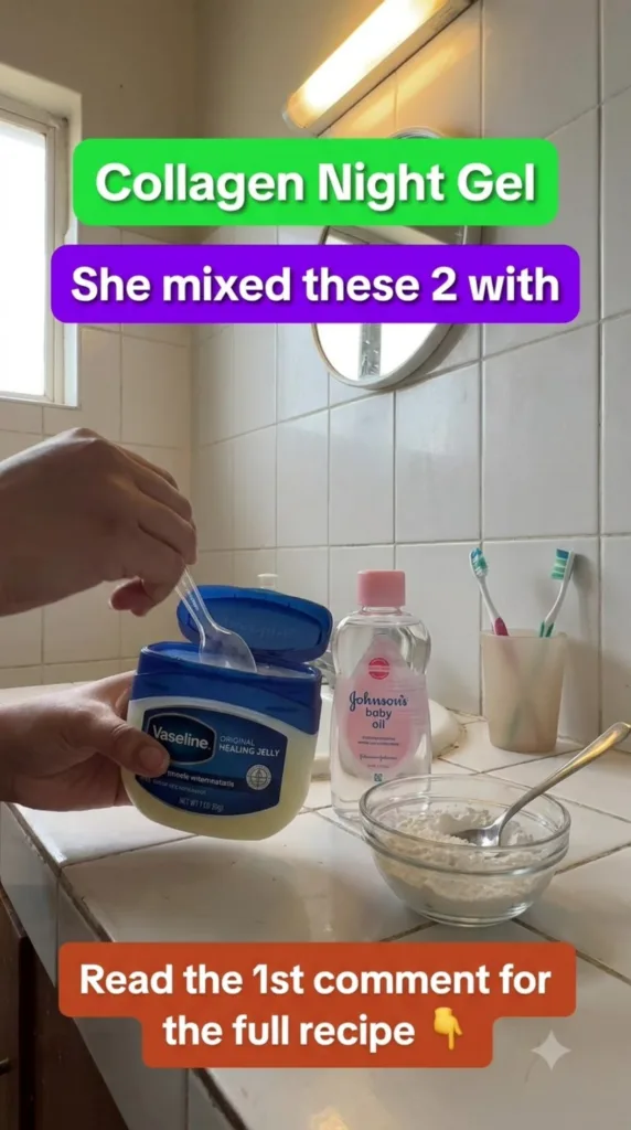 Hands preparing a DIY beauty mixture with Vaseline baby oil and a bowl of white powder on a tiled bathroom counter under