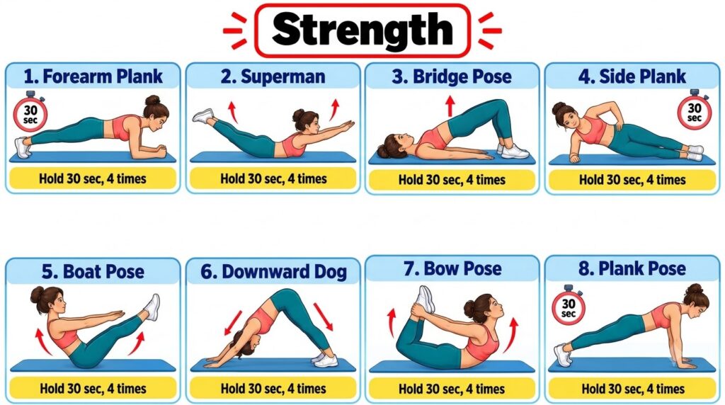A visual workout guide titled Strength featuring a grid of eight cartoon-like illustrations of a female figure demonstra