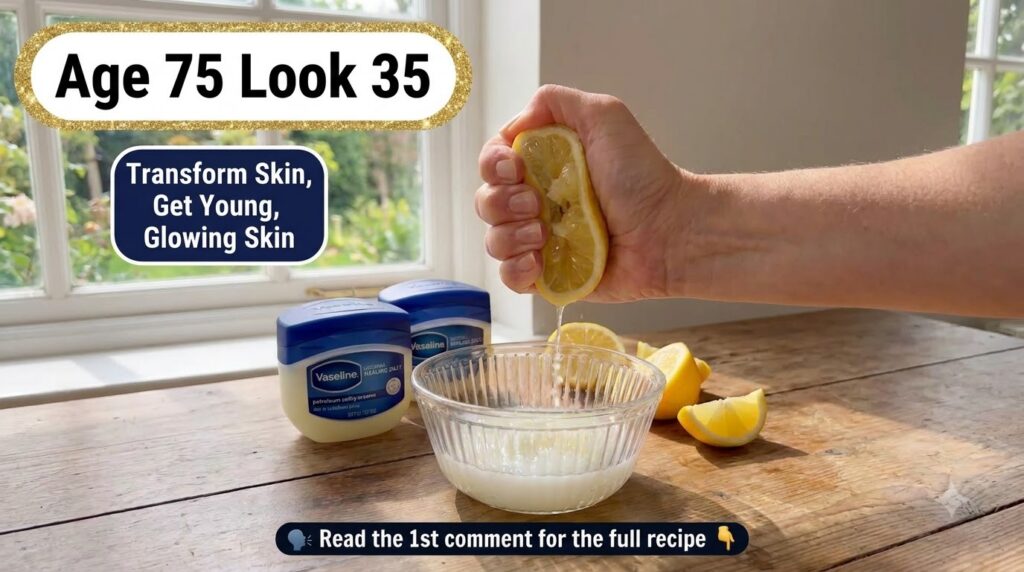 A hand squeezing a fresh lemon with juice visibly splashing into a clear glass bowl containing a white creamy substance