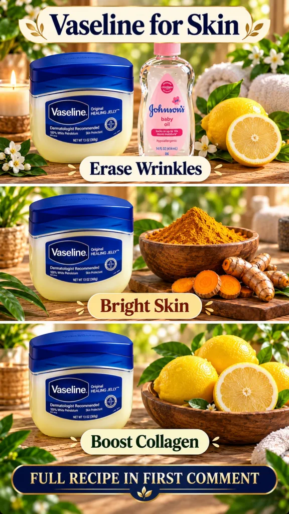 A vertical triptych showing three different DIY Vaseline skincare hacks The top panel features Vaseline Johnson s baby o