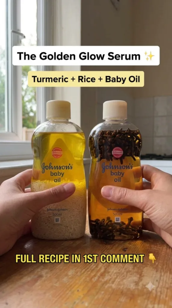 Two hands holding two clear bottles of Johnson s baby oil The bottle on the left contains white rice submerged in the oi