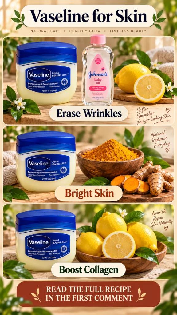A vertical collage featuring Vaseline Healing Jelly lemons turmeric ginger Johnson s baby oil and small white flowers on